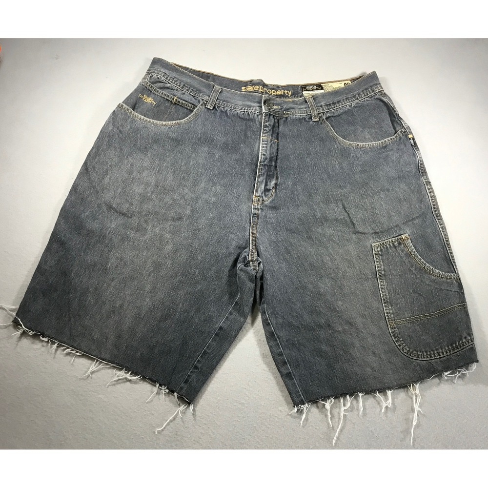 State Property Mens Denim Carpenter Shorts Dark Wash Frayed Hem Size 40 Indigo
